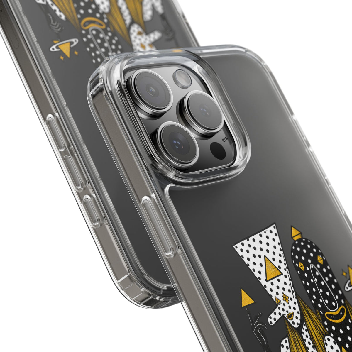 Clear Phone Case — Black & Gold Geometric Woman Design with "Angine de Poitrine" Text