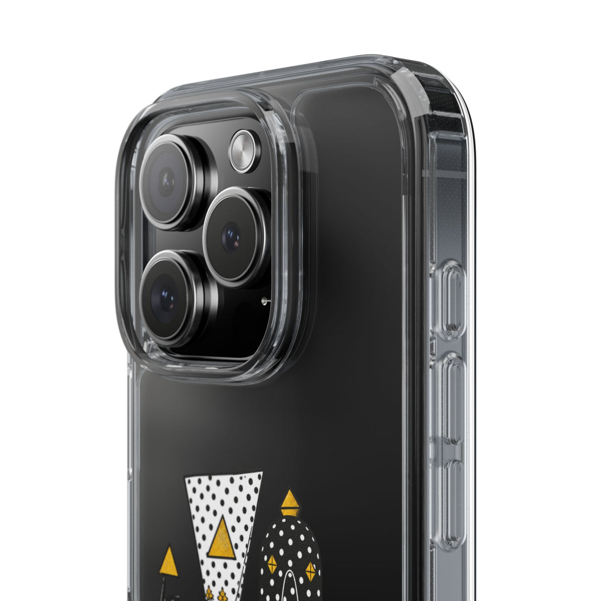 Clear Phone Case — Black & Gold Geometric Woman Design with "Angine de Poitrine" Text