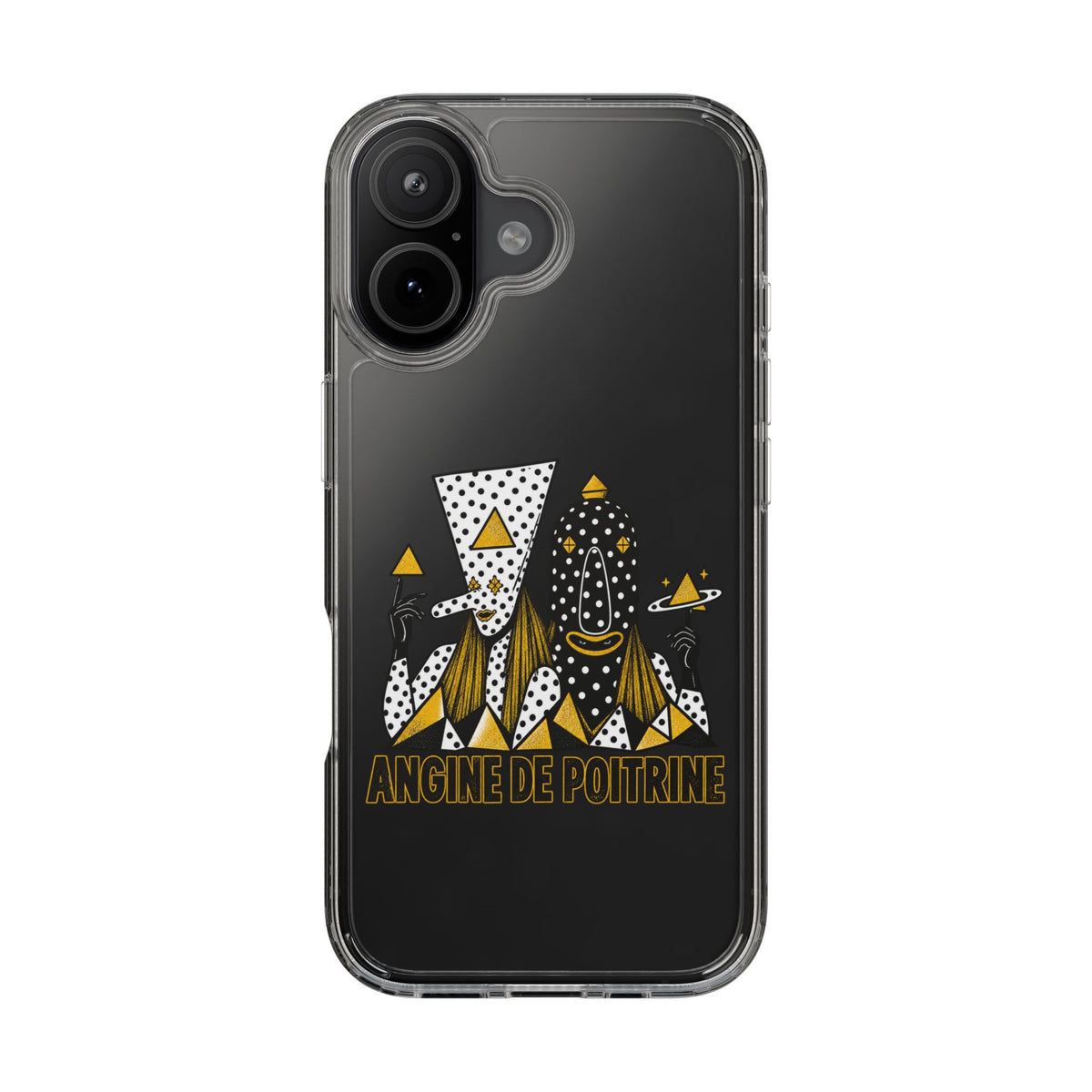 Clear Phone Case — Black & Gold Geometric Woman Design with "Angine de Poitrine" Text