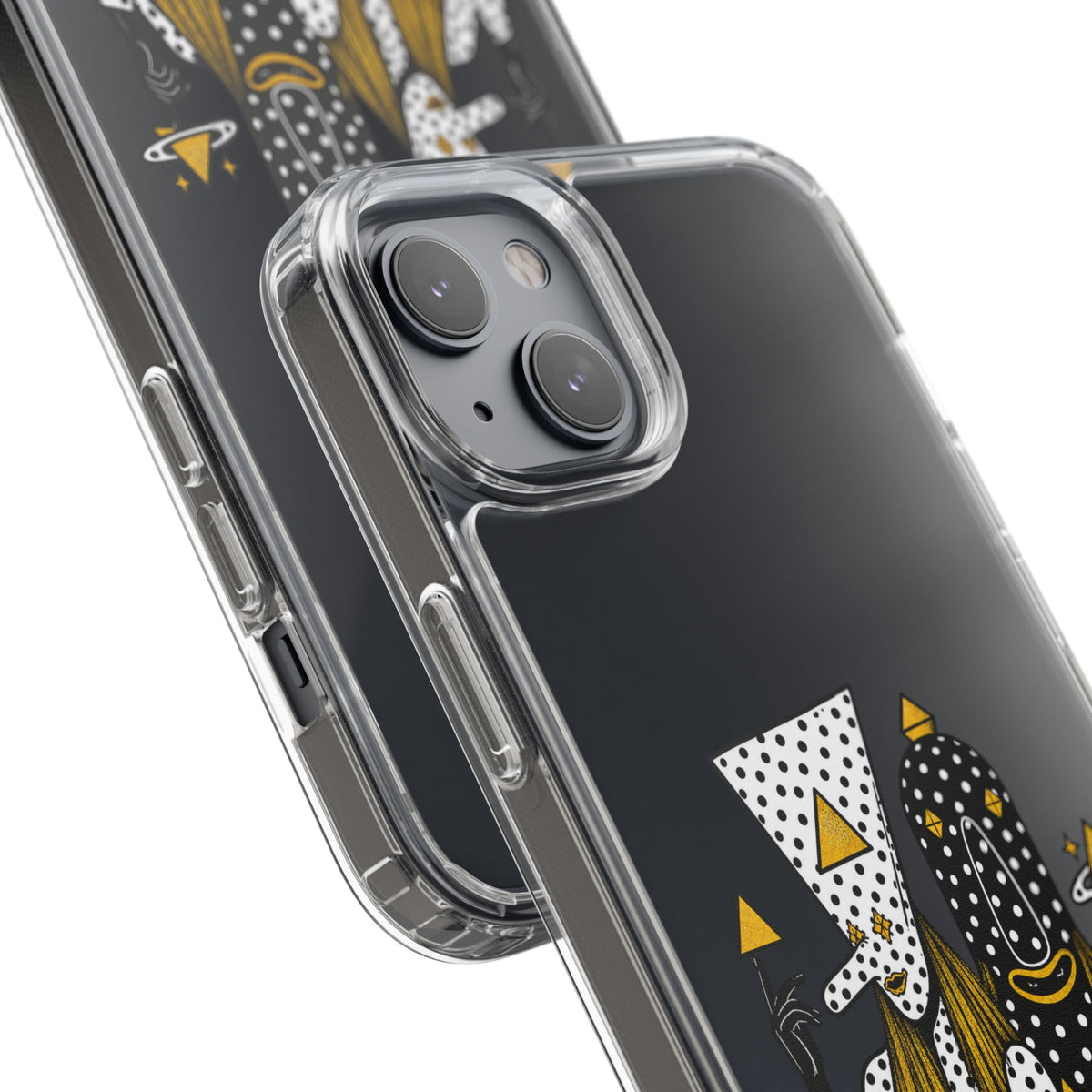 Clear Phone Case — Black & Gold Geometric Woman Design with "Angine de Poitrine" Text