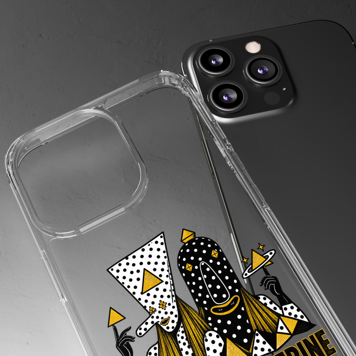 Clear Phone Case — Black & Gold Geometric Woman Design with "Angine de Poitrine" Text