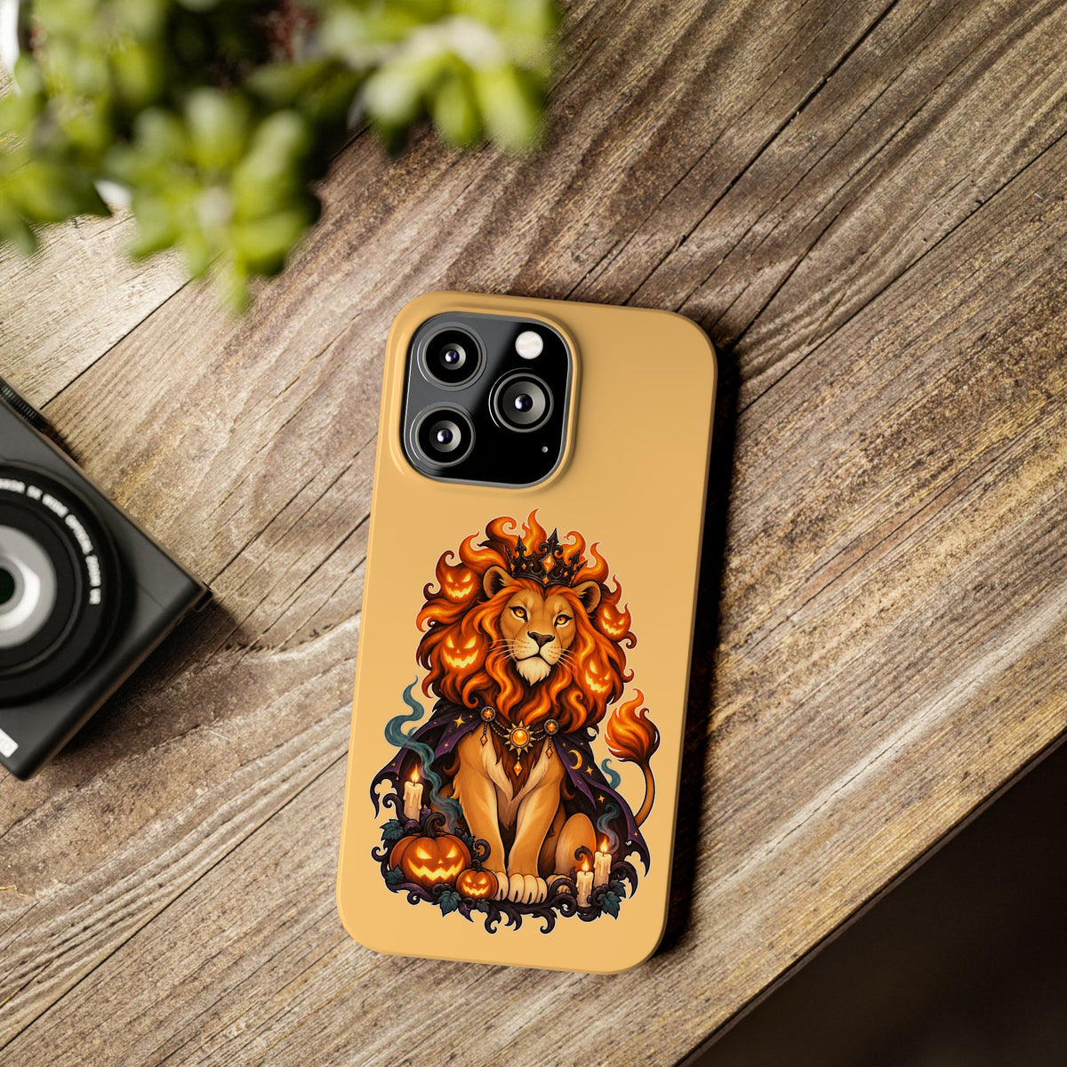 Leo Halloween Slim Phone Case — Regal Lion with Pumpkin & Candles