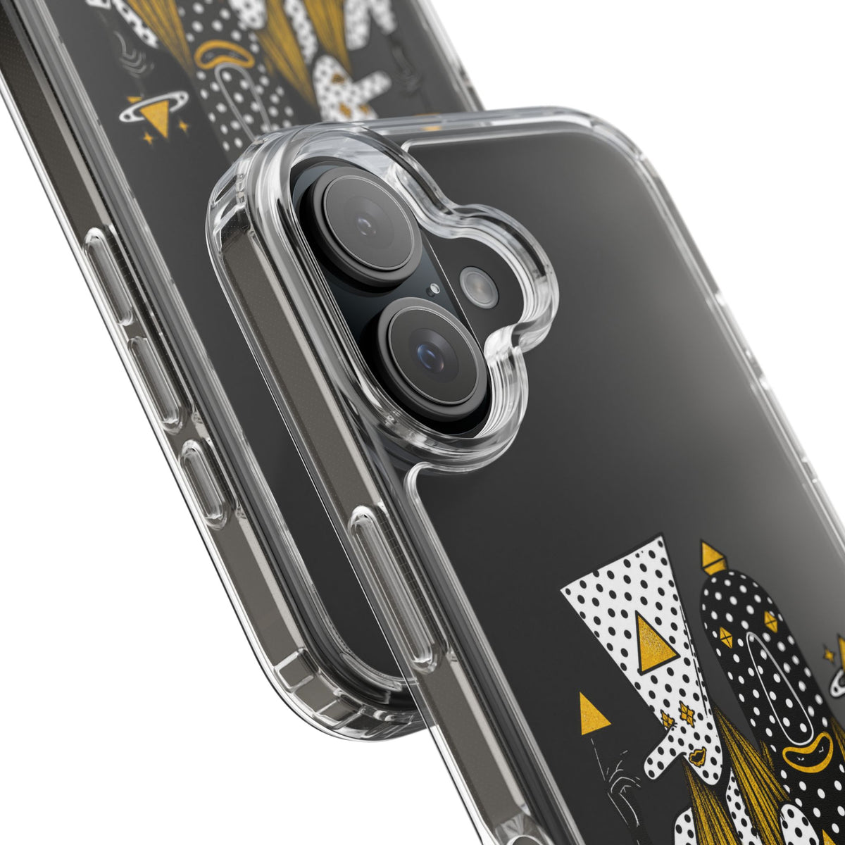 Clear Phone Case — Black & Gold Geometric Woman Design with "Angine de Poitrine" Text