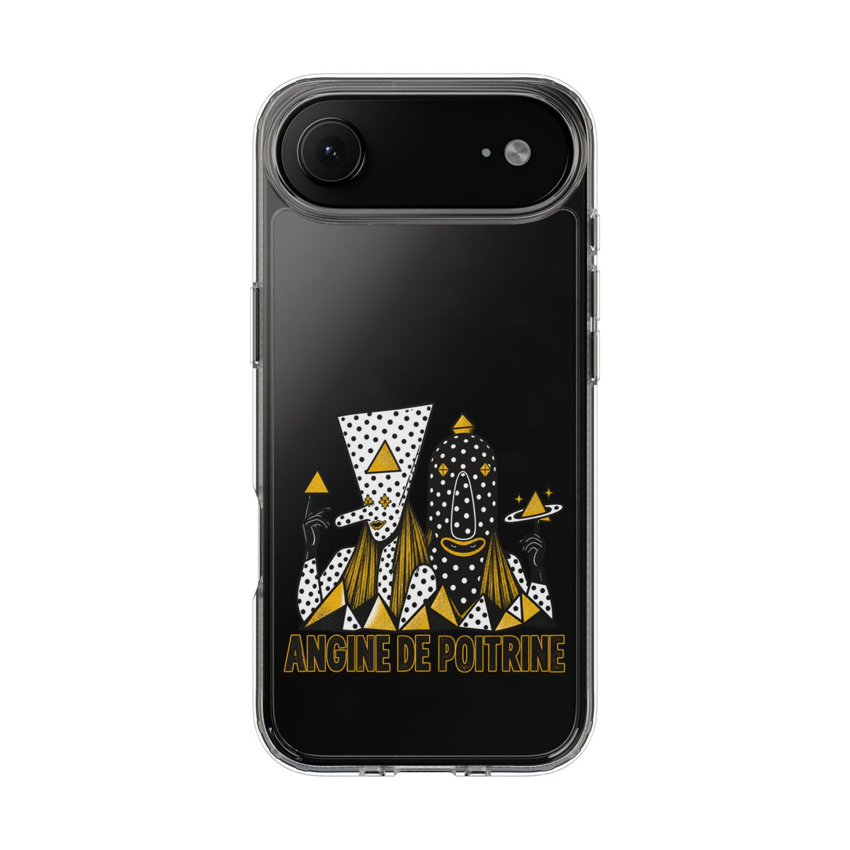 Clear Phone Case — Black & Gold Geometric Woman Design with "Angine de Poitrine" Text
