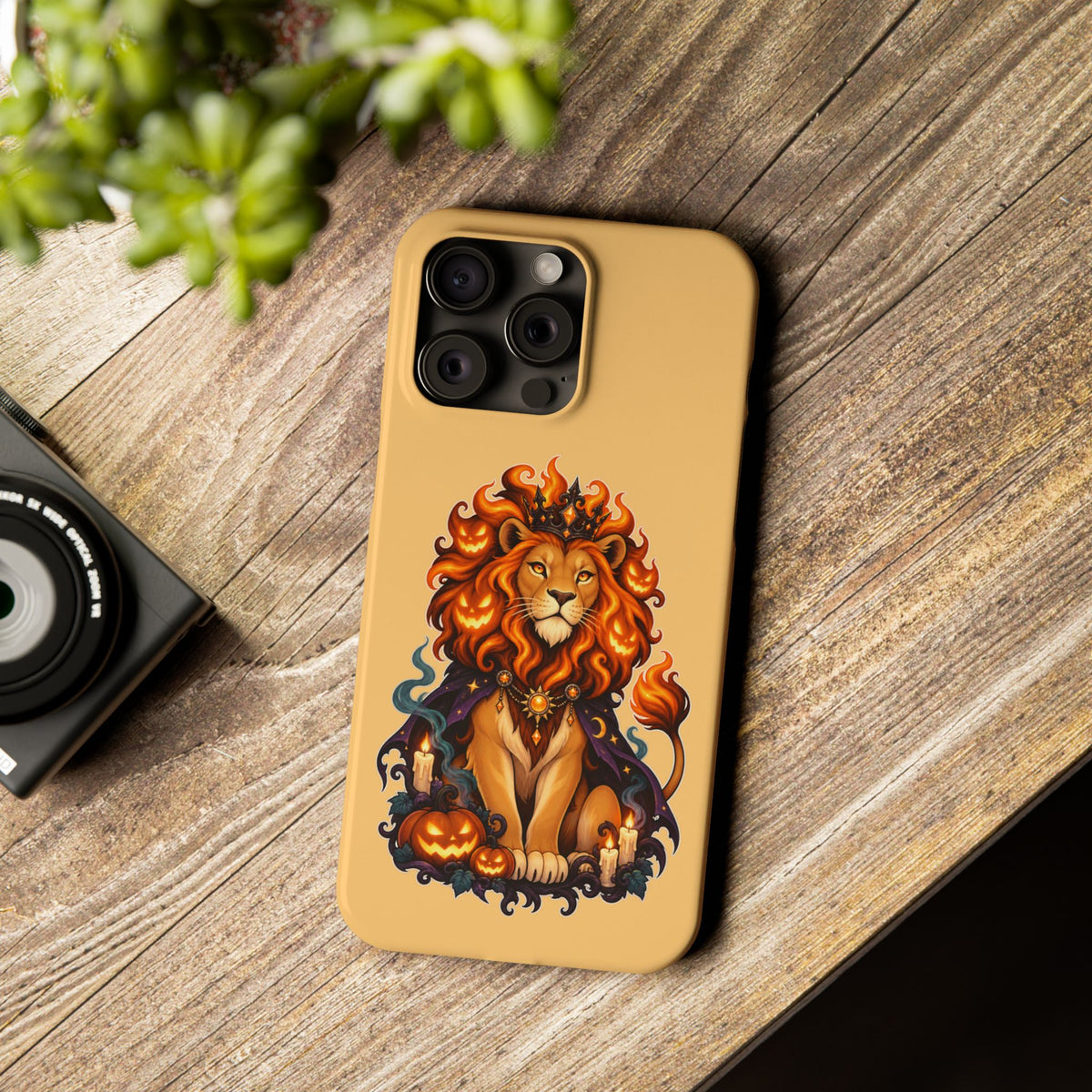 Leo Halloween Slim Phone Case — Regal Lion with Pumpkin & Candles