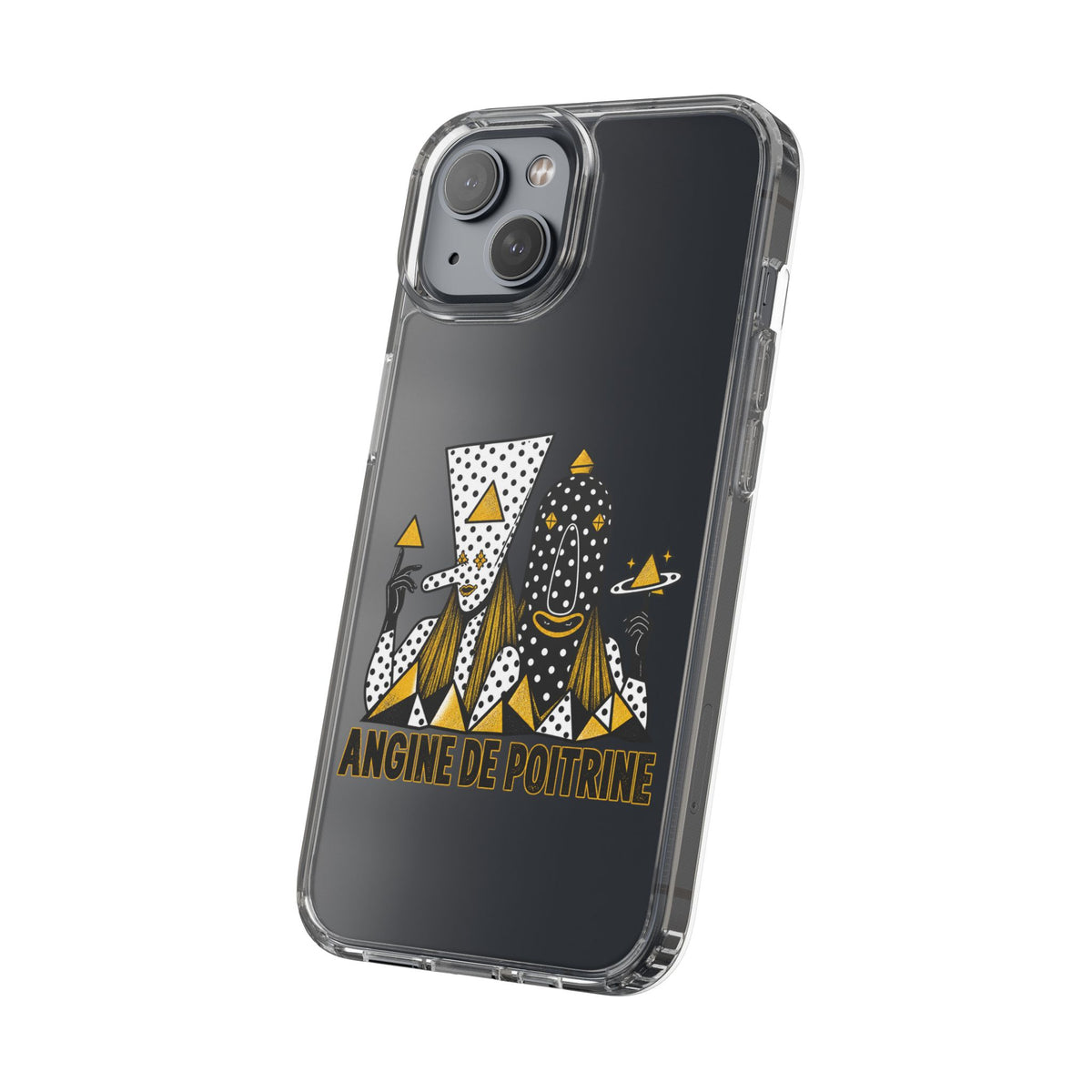 Clear Phone Case — Black & Gold Geometric Woman Design with "Angine de Poitrine" Text