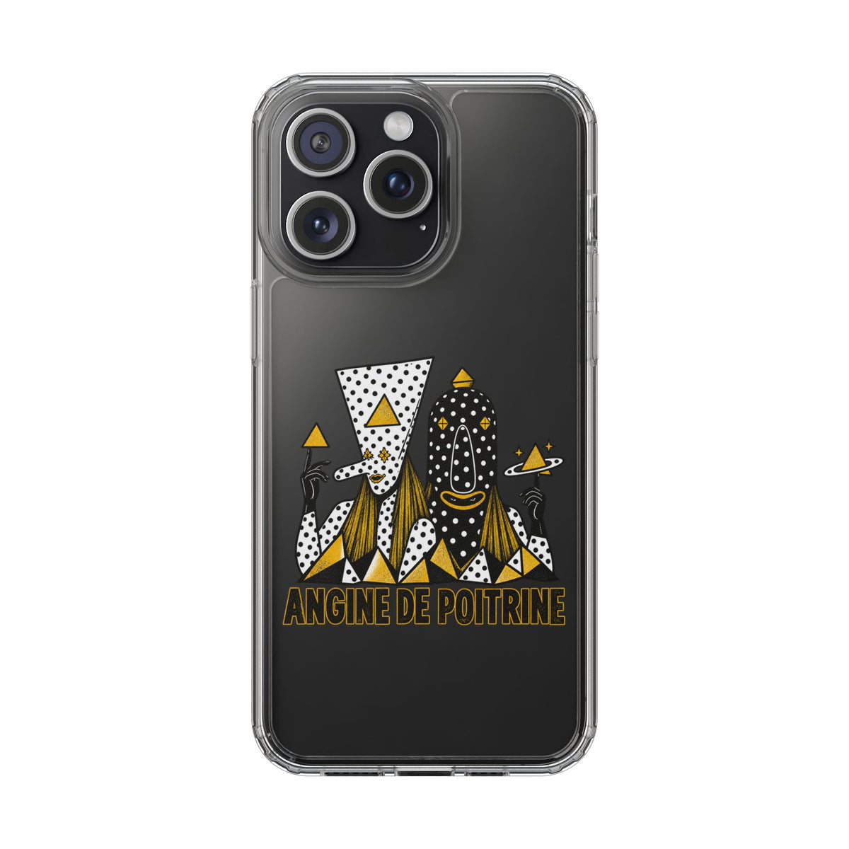 Clear Phone Case — Black & Gold Geometric Woman Design with "Angine de Poitrine" Text