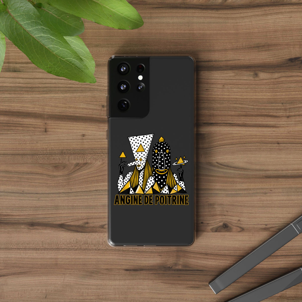 Clear Phone Case — Black & Gold Geometric Woman Design with "Angine de Poitrine" Text