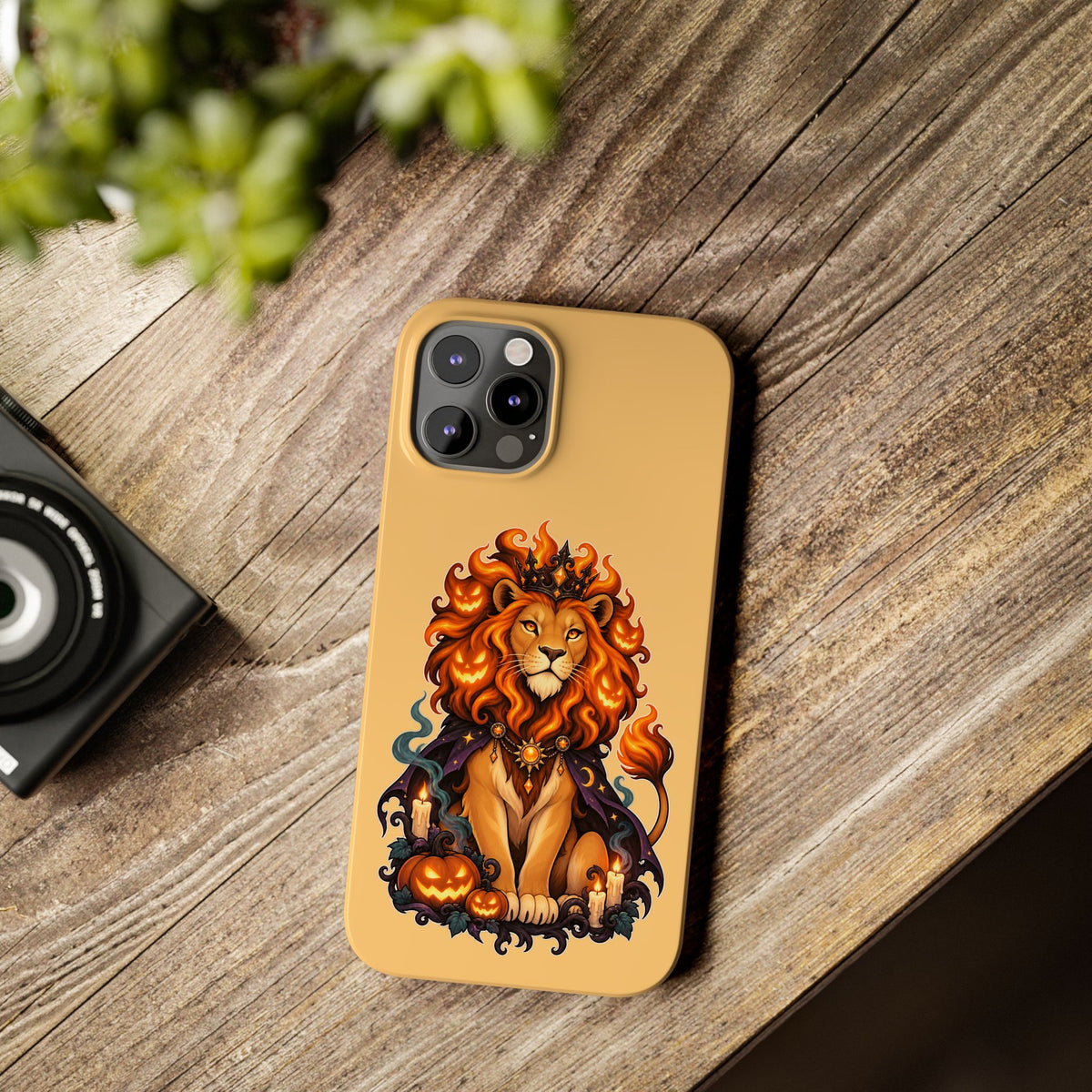 Leo Halloween Slim Phone Case — Regal Lion with Pumpkin & Candles