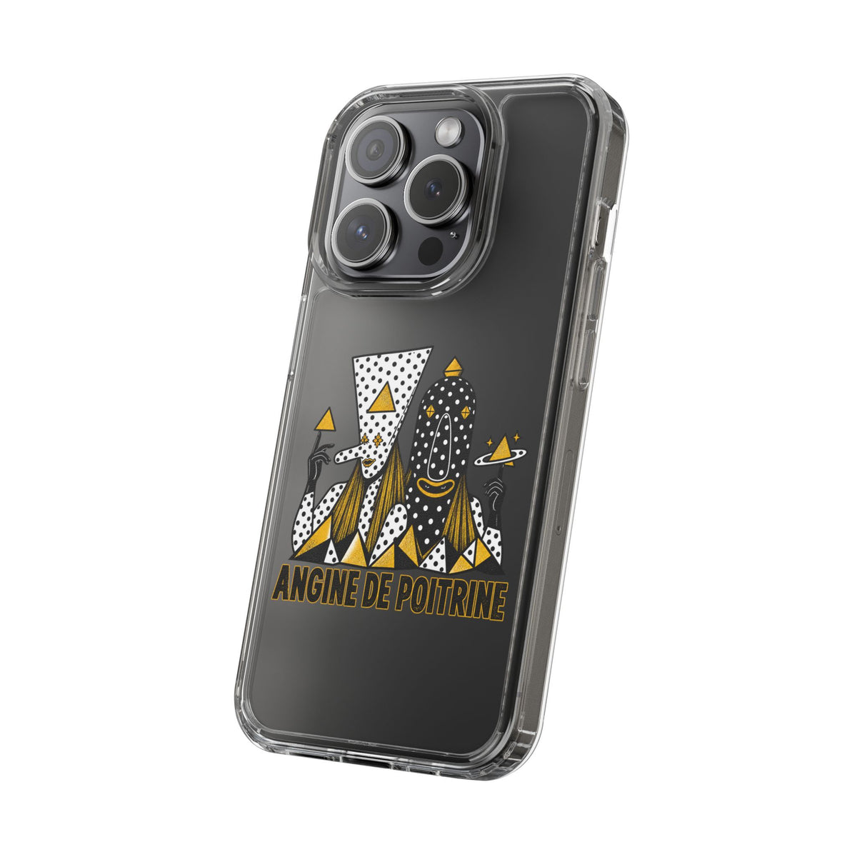 Clear Phone Case — Black & Gold Geometric Woman Design with "Angine de Poitrine" Text