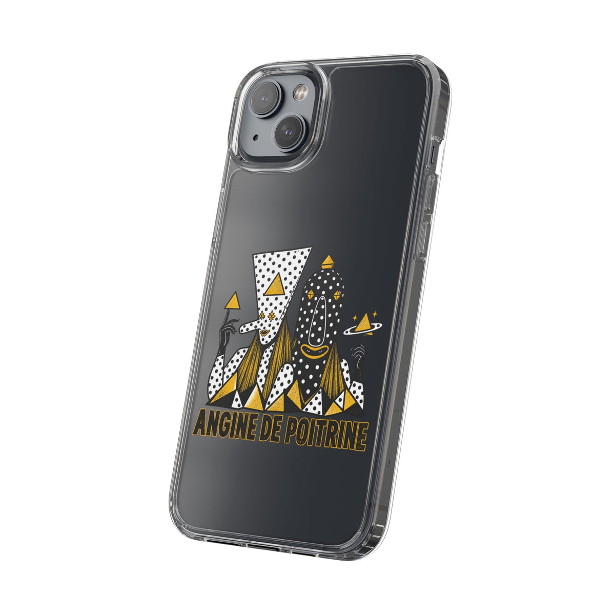 Clear Phone Case — Black & Gold Geometric Woman Design with "Angine de Poitrine" Text
