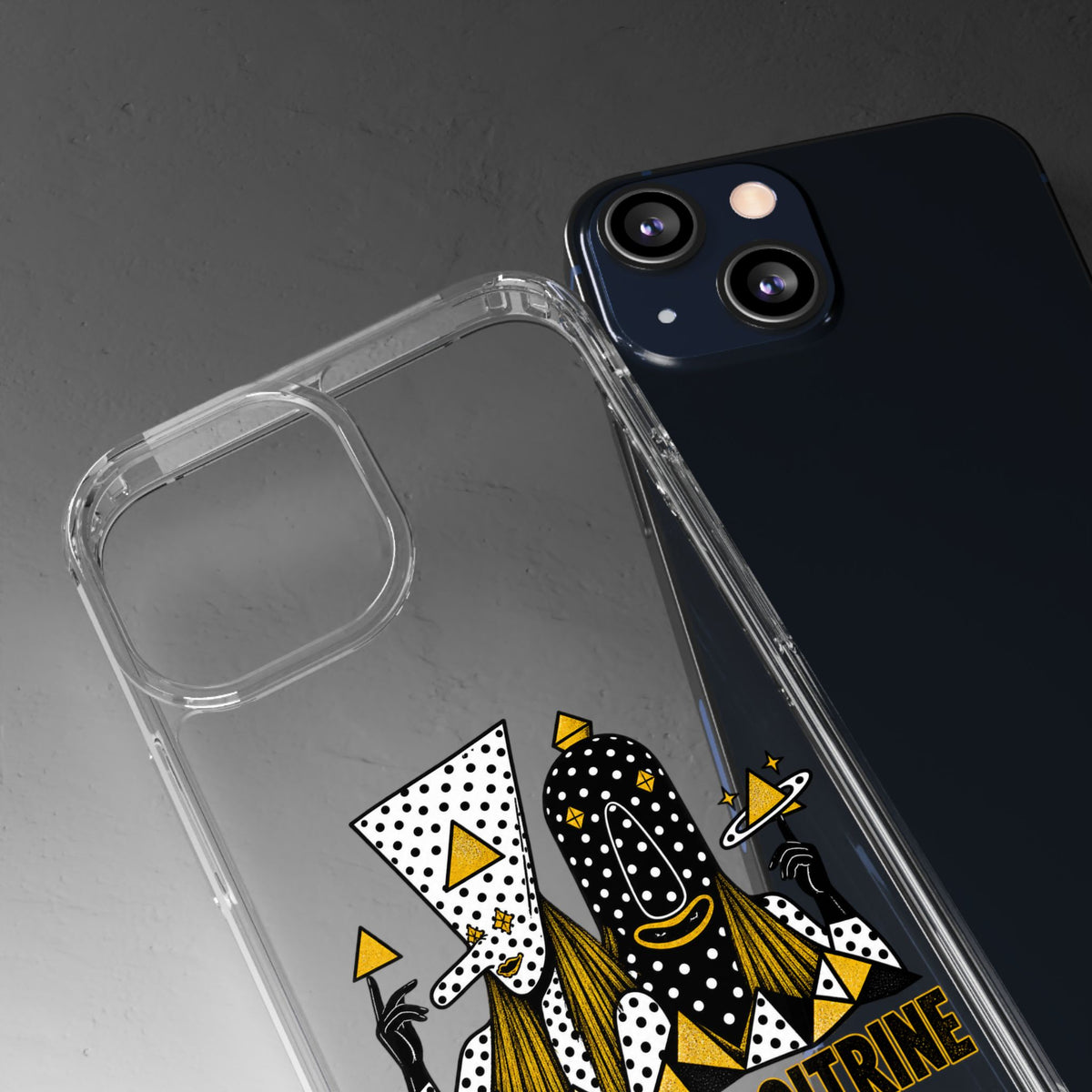 Clear Phone Case — Black & Gold Geometric Woman Design with "Angine de Poitrine" Text