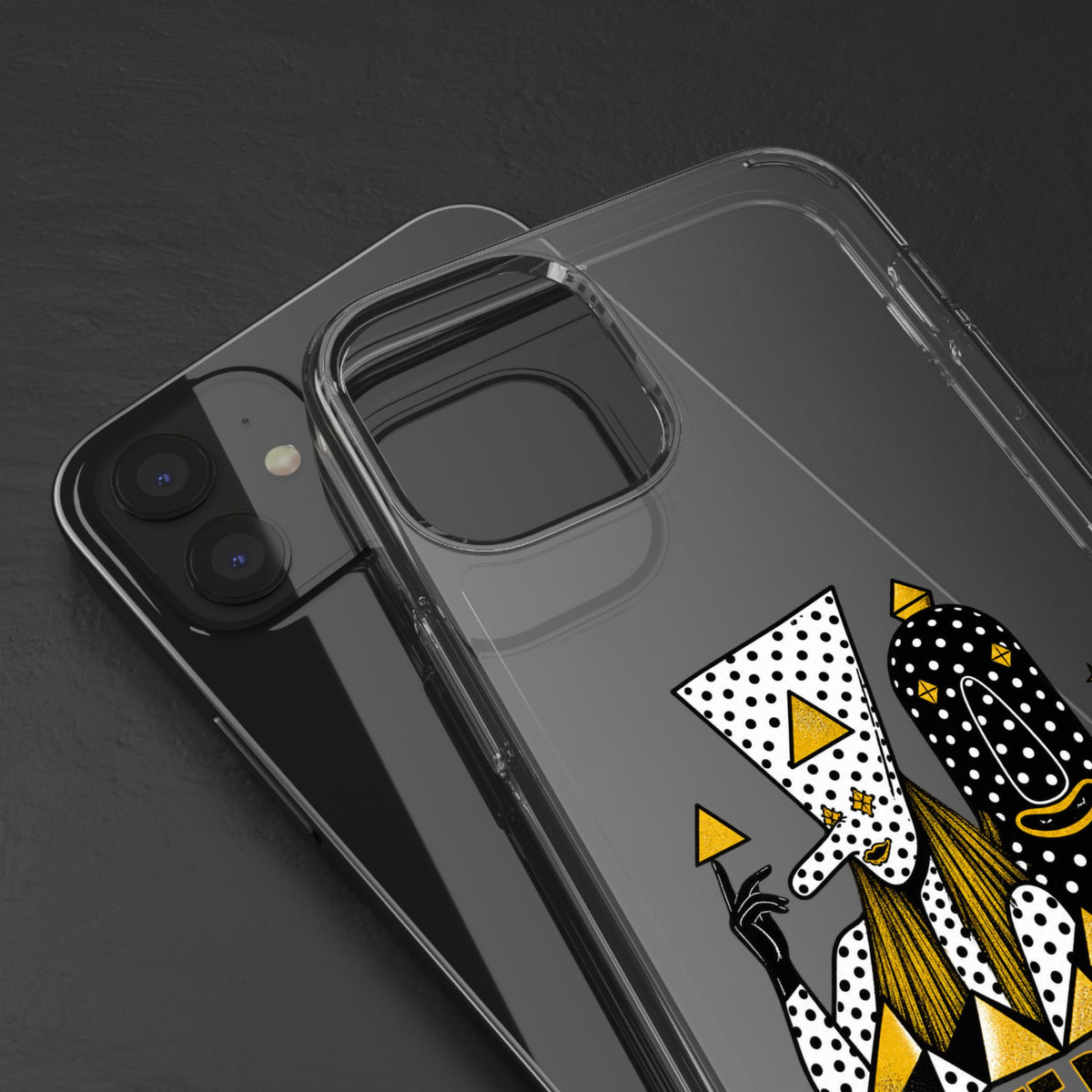 Clear Phone Case — Black & Gold Geometric Woman Design with "Angine de Poitrine" Text