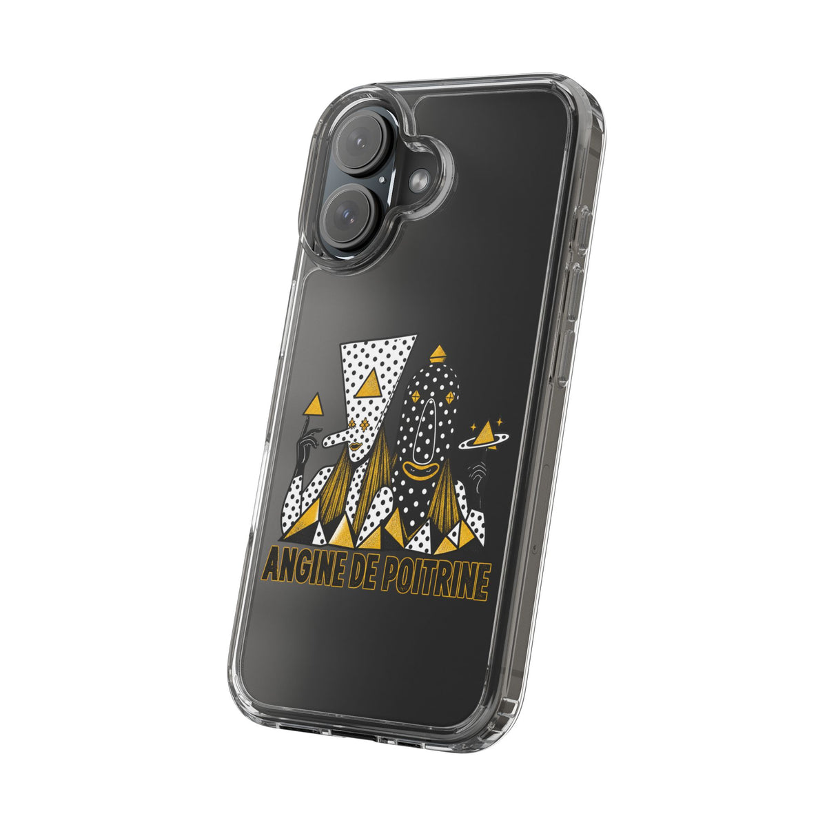 Clear Phone Case — Black & Gold Geometric Woman Design with "Angine de Poitrine" Text