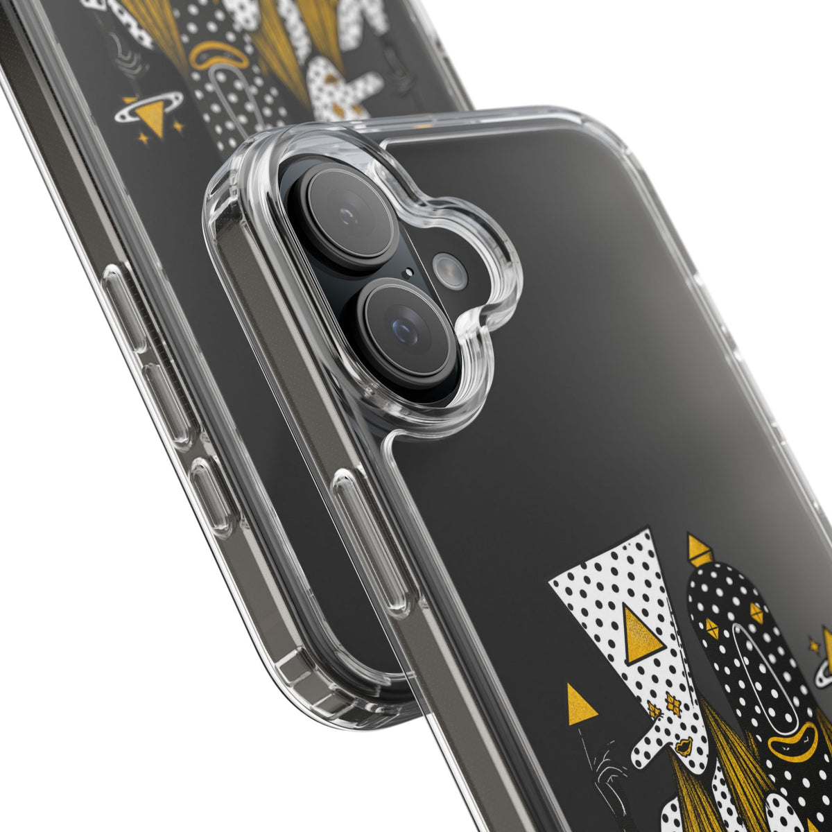 Clear Phone Case — Black & Gold Geometric Woman Design with "Angine de Poitrine" Text