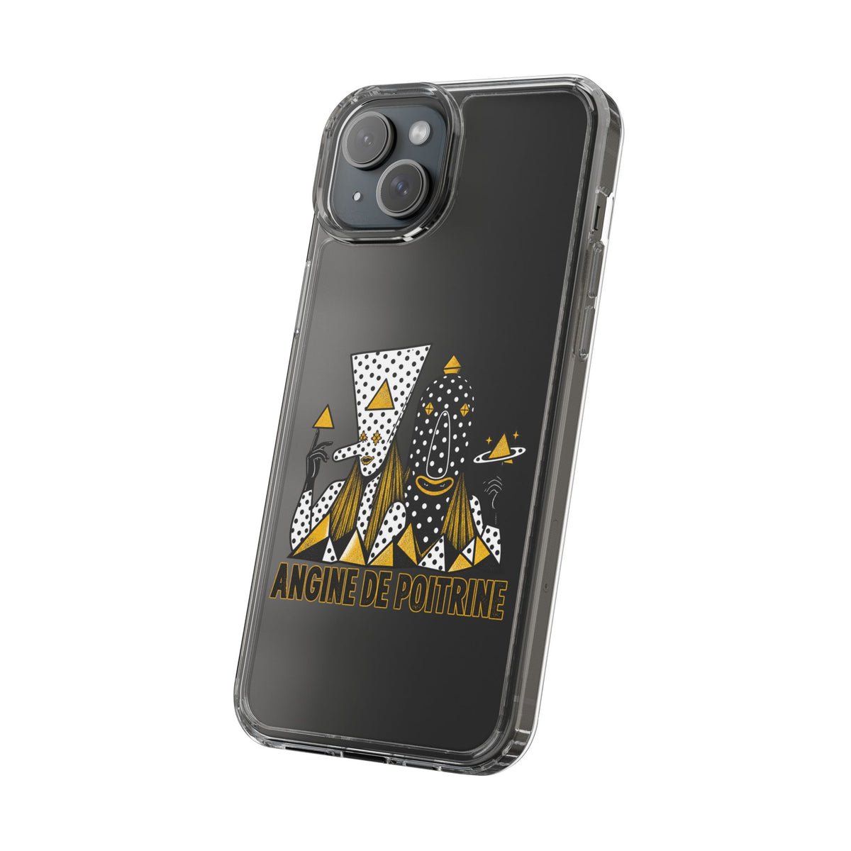 Clear Phone Case — Black & Gold Geometric Woman Design with "Angine de Poitrine" Text