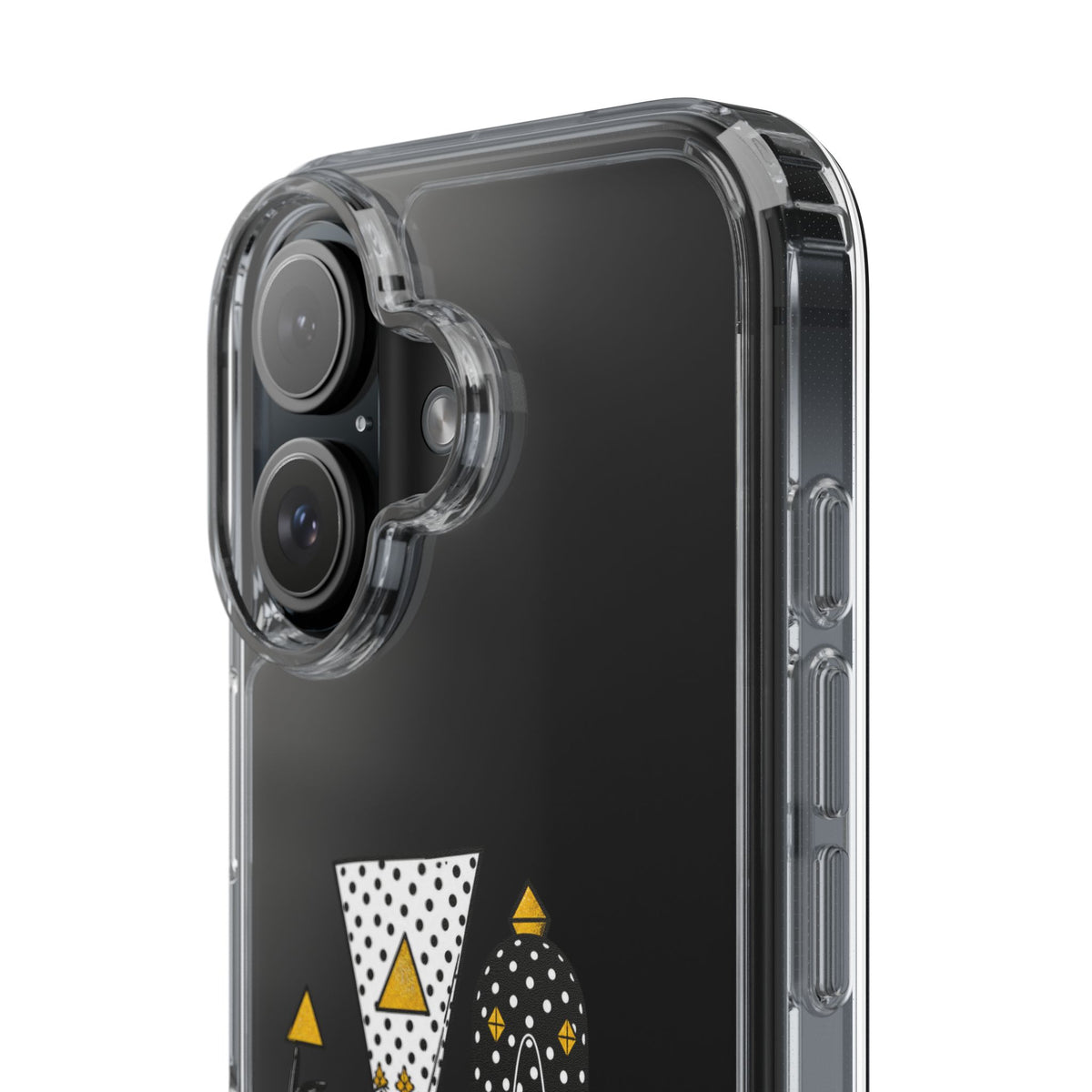 Clear Phone Case — Black & Gold Geometric Woman Design with "Angine de Poitrine" Text