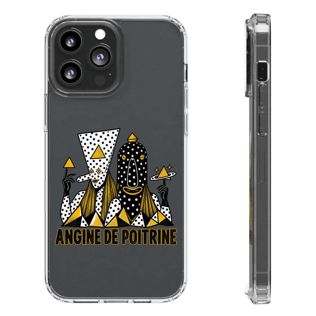 Clear Phone Case — Black & Gold Geometric Woman Design with "Angine de Poitrine" Text