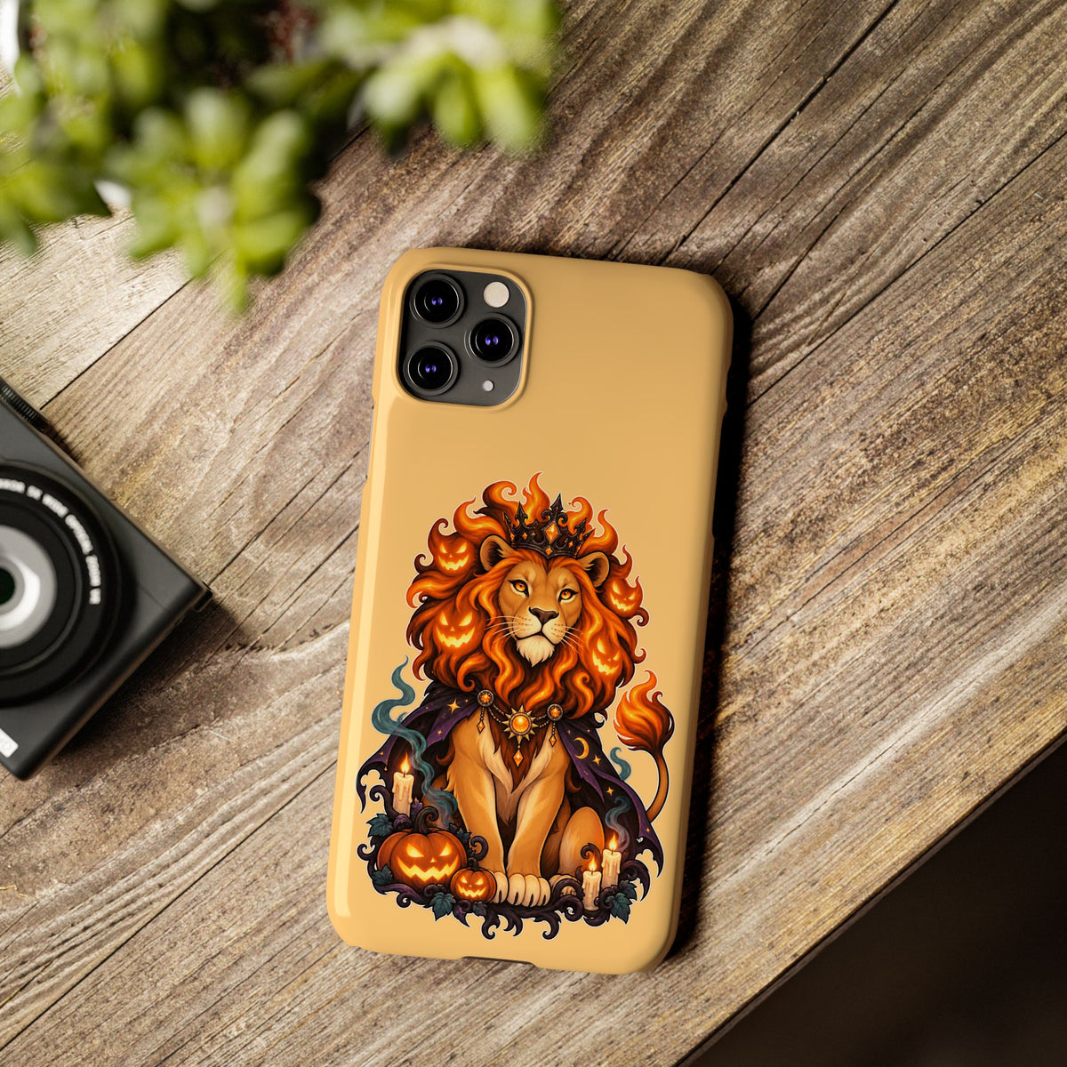 Leo Halloween Slim Phone Case — Regal Lion with Pumpkin & Candles
