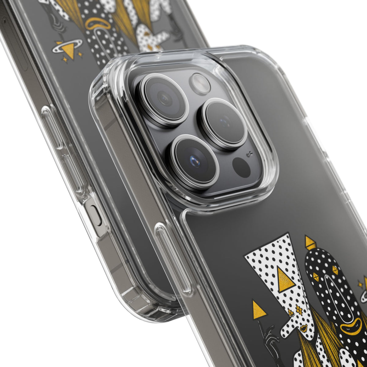 Clear Phone Case — Black & Gold Geometric Woman Design with "Angine de Poitrine" Text