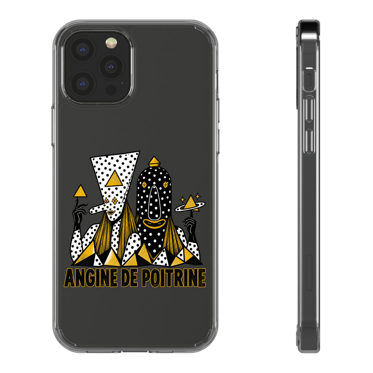 Clear Phone Case — Black & Gold Geometric Woman Design with "Angine de Poitrine" Text