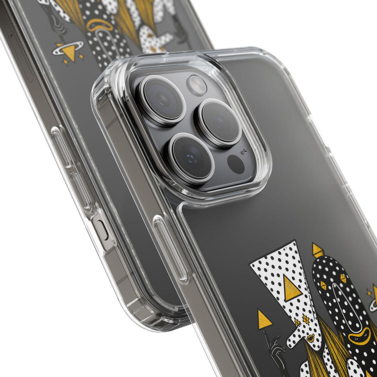 Clear Phone Case — Black & Gold Geometric Woman Design with "Angine de Poitrine" Text