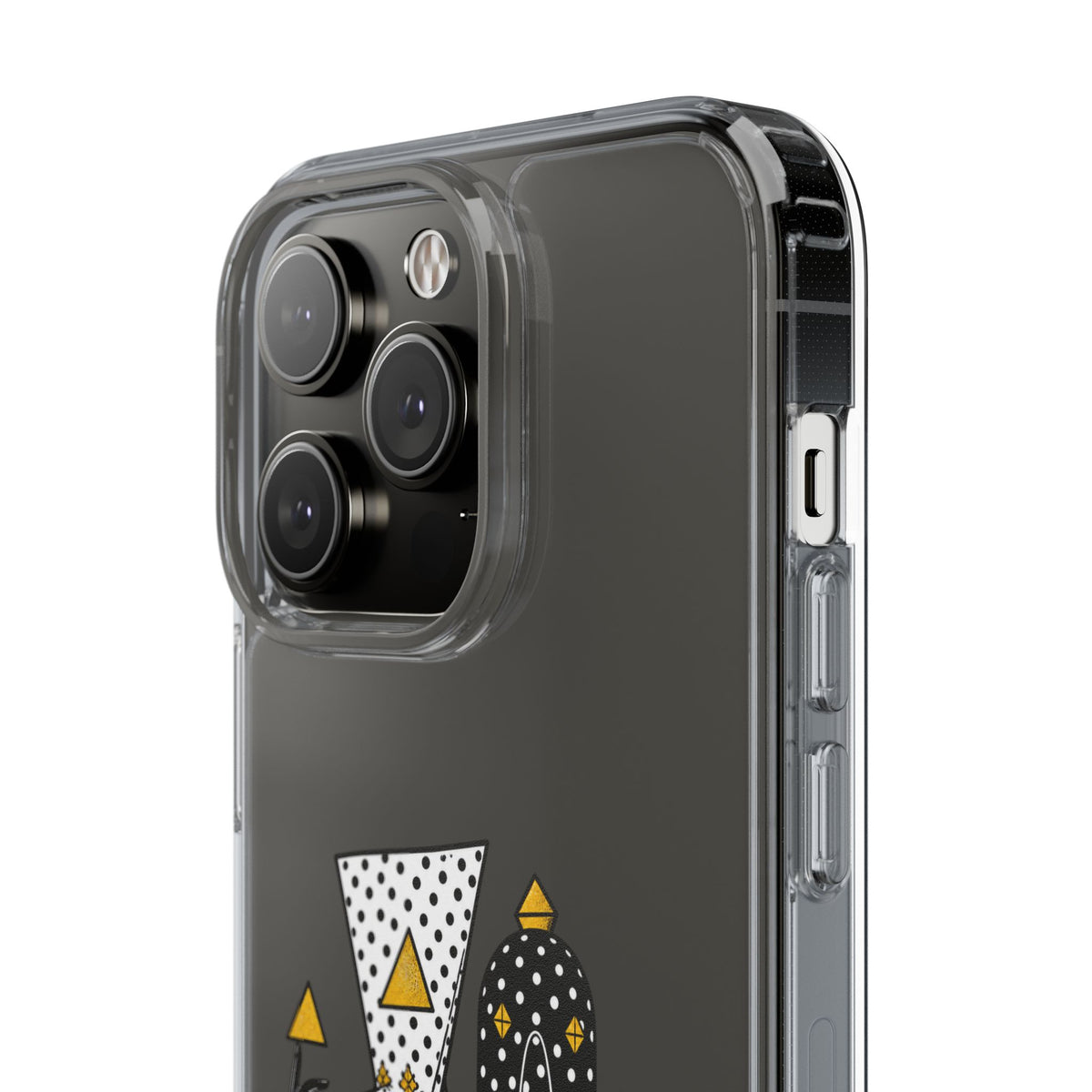 Clear Phone Case — Black & Gold Geometric Woman Design with "Angine de Poitrine" Text