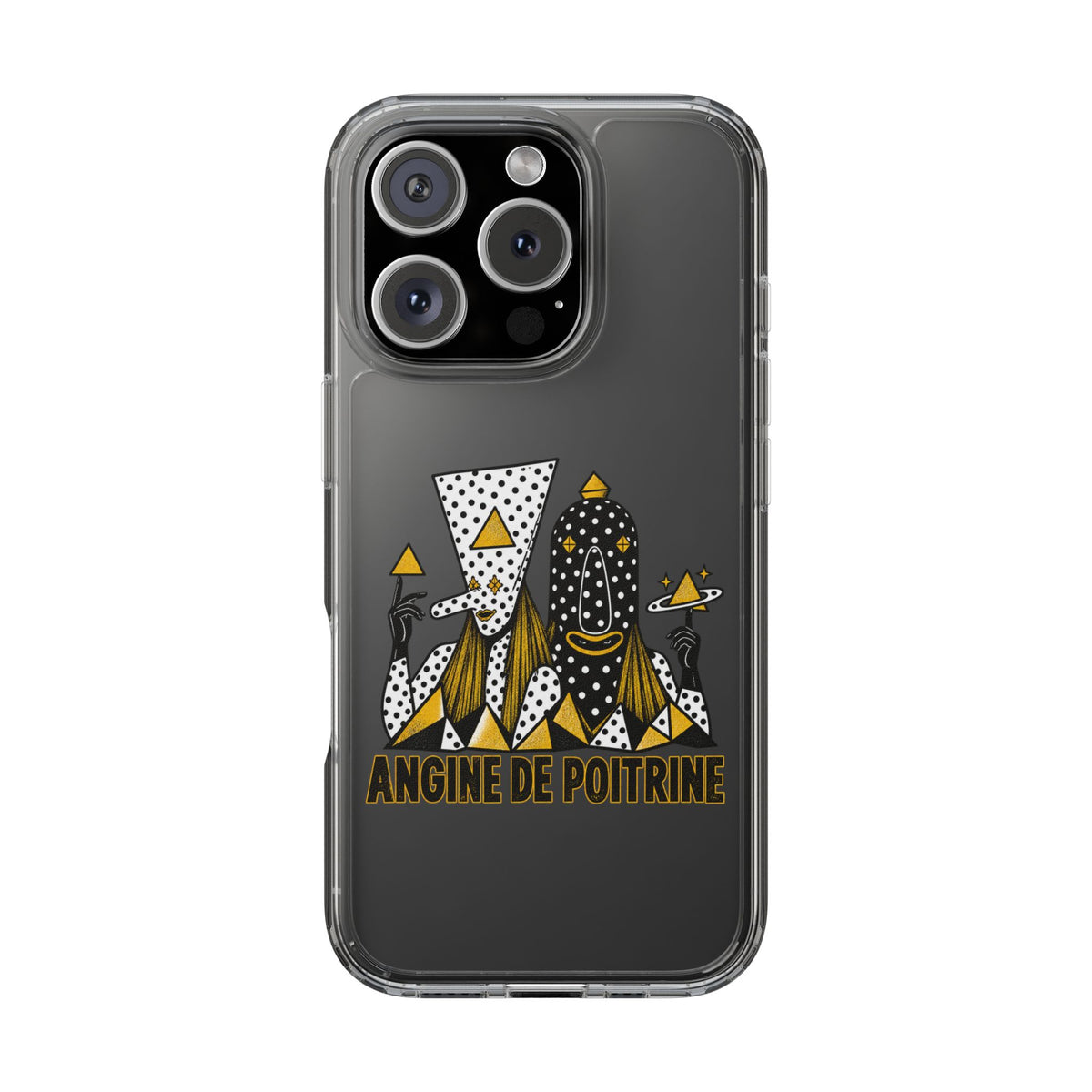 Clear Phone Case — Black & Gold Geometric Woman Design with "Angine de Poitrine" Text