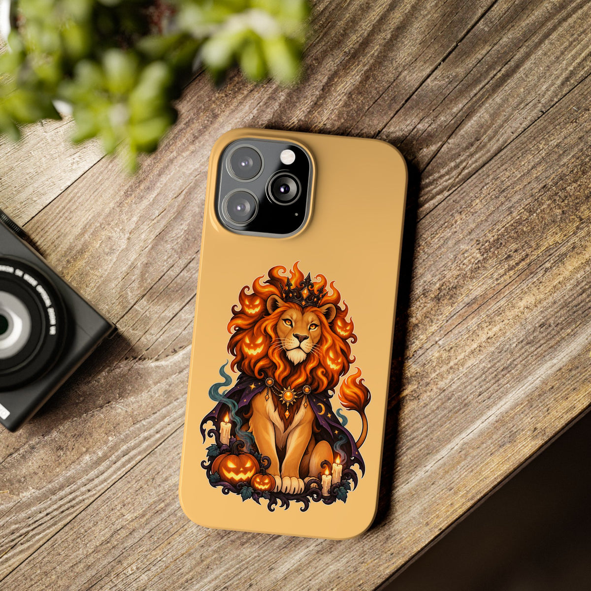 Leo Halloween Slim Phone Case — Regal Lion with Pumpkin & Candles