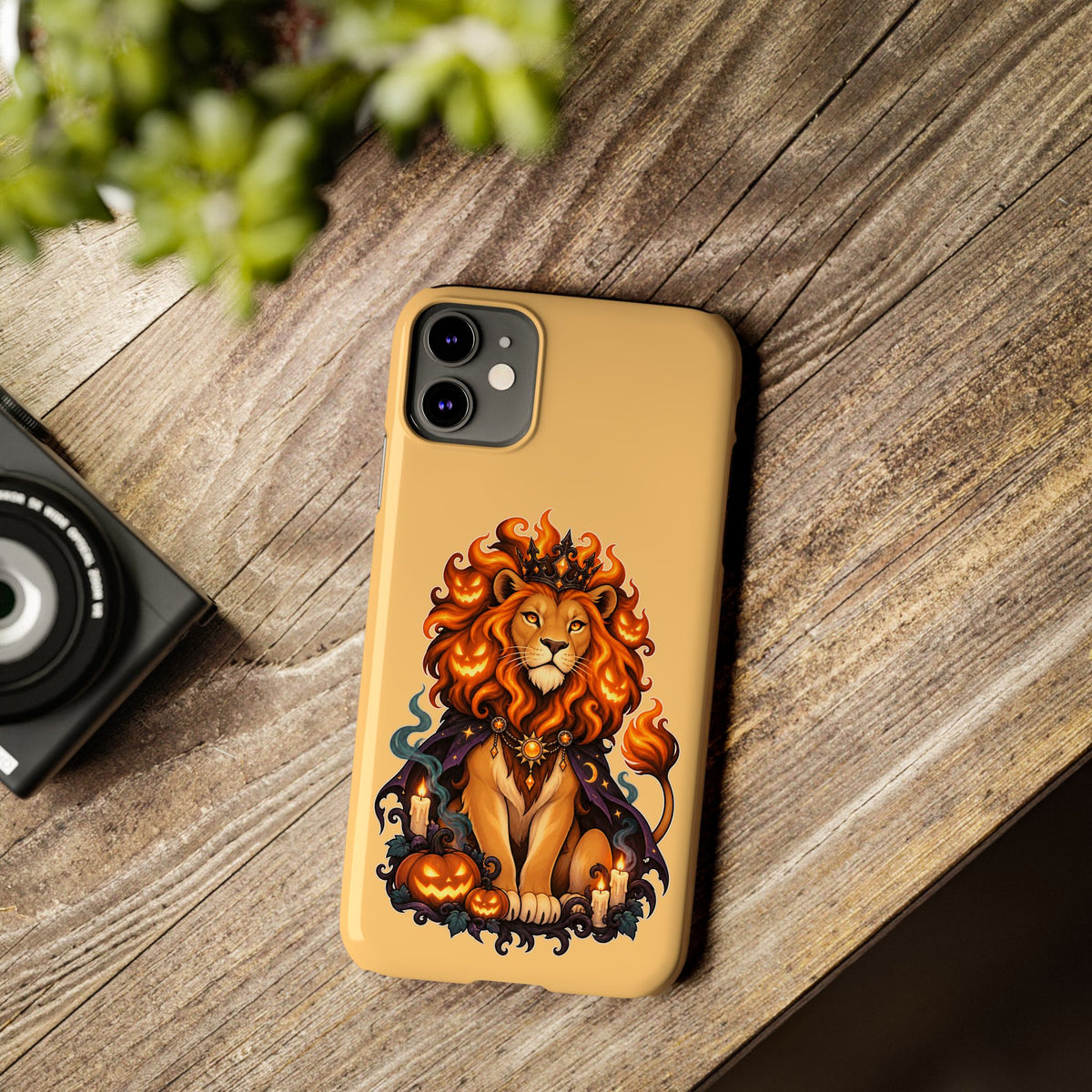 Leo Halloween Slim Phone Case — Regal Lion with Pumpkin & Candles