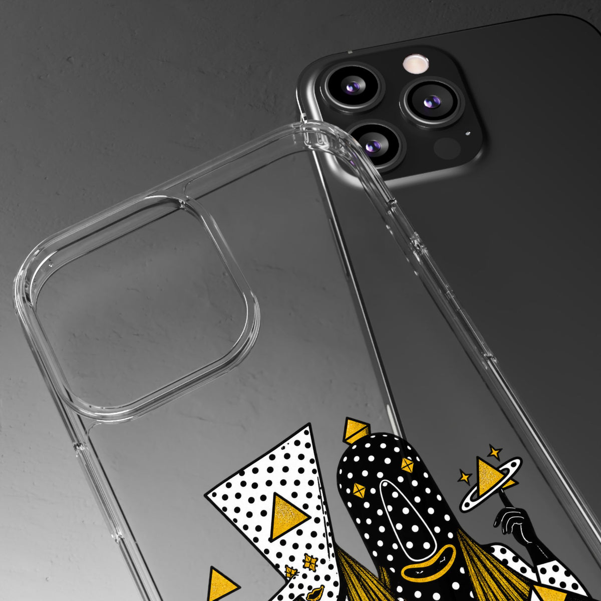 Clear Phone Case — Black & Gold Geometric Woman Design with "Angine de Poitrine" Text